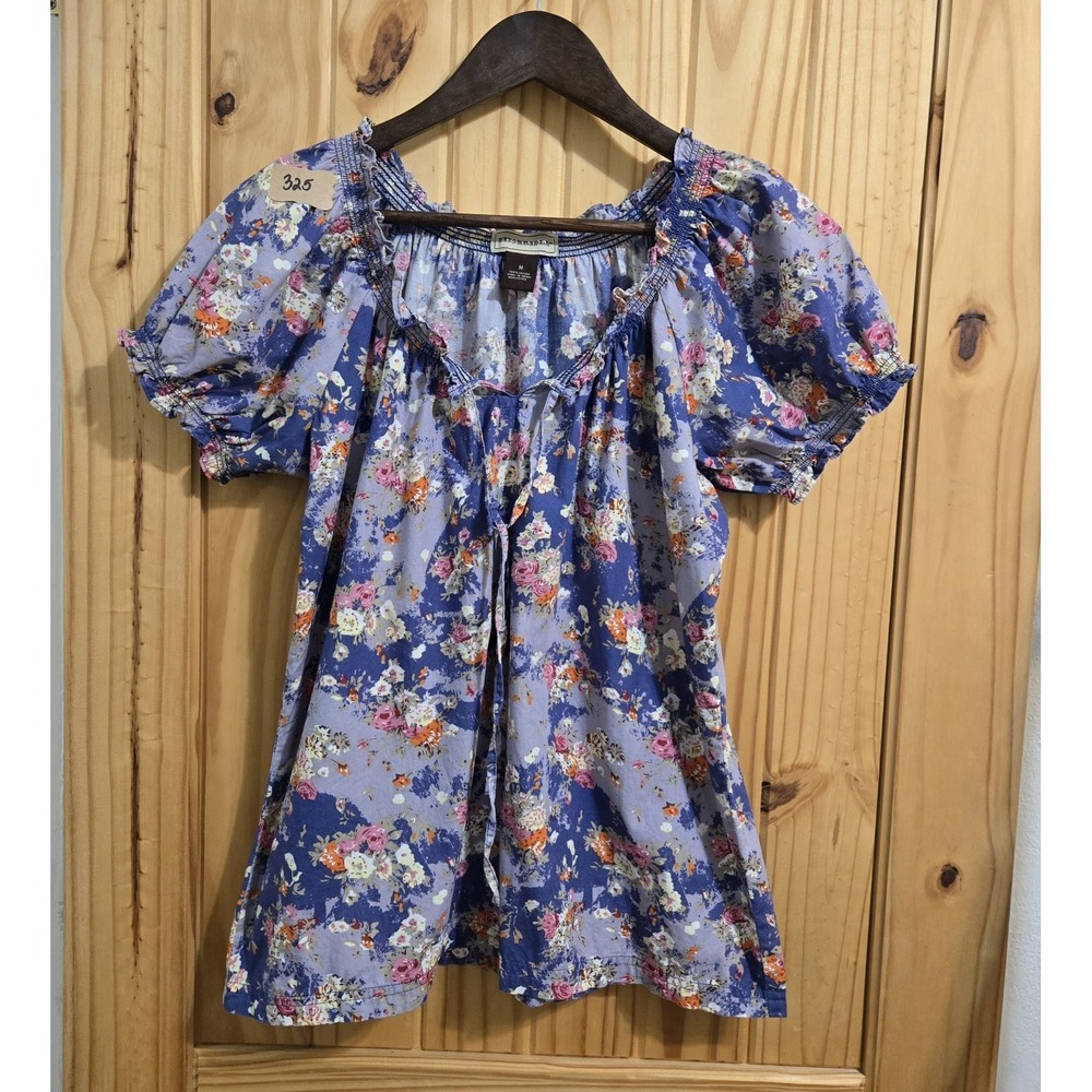 Bit & Bridle Womens Boho Puff Sleeve Top SZ‎ MED Floral Round Neck Peasant  New